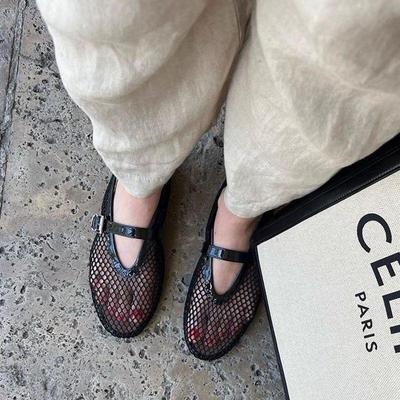 Балетки-сетка с круглым носком большого размера и пряжкой - Женская модная обувь на плоской подошве