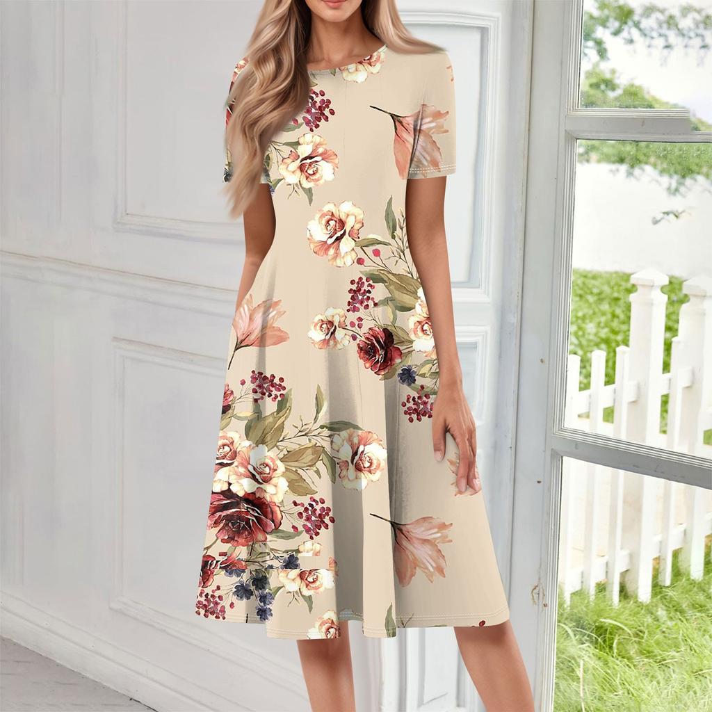 Women's Loose Casual And Fashionable Round Neck Short Sleeved Printed Mid Length Dress