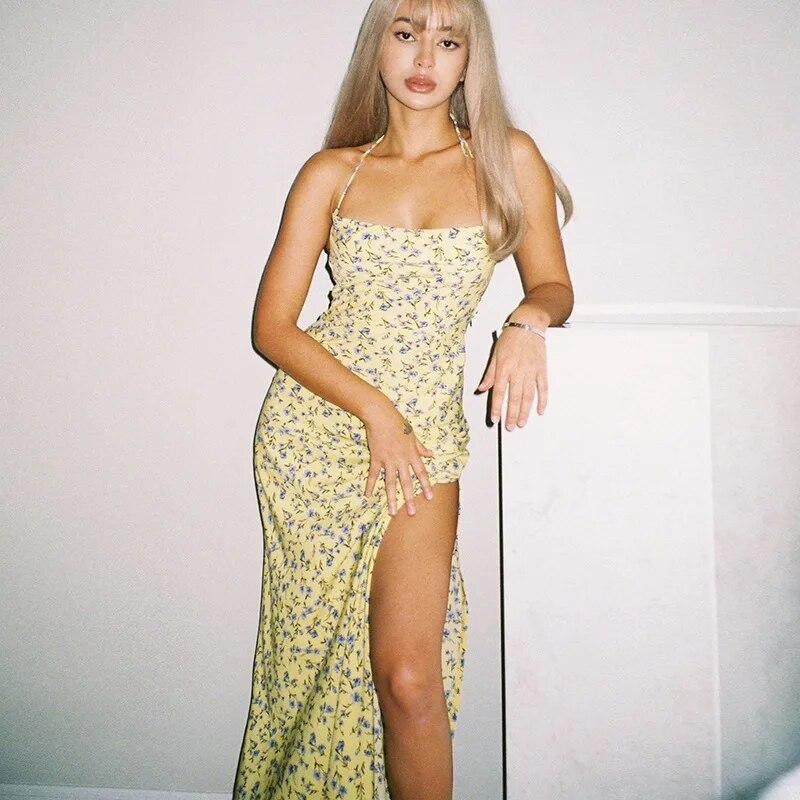 Dulzura Lace Up Halter Floral Long Dress For Women Backless Bodycon Midi Dress Sexy Party Club Outfit Streetwear Sundress Summer