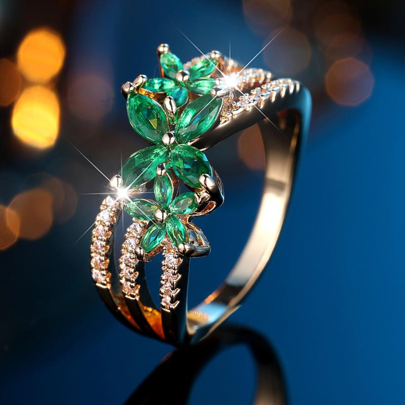 Элегантные зеленые цветы циркон кольца для женщин винтажное золотое кольцо вечеринка темперамент ювелирные изделия подарок