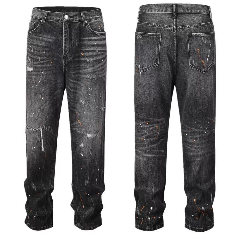 Мужская мода повседневные прямые длинные брюки на молнии из денима, модные уличные рваные узкие джинсы