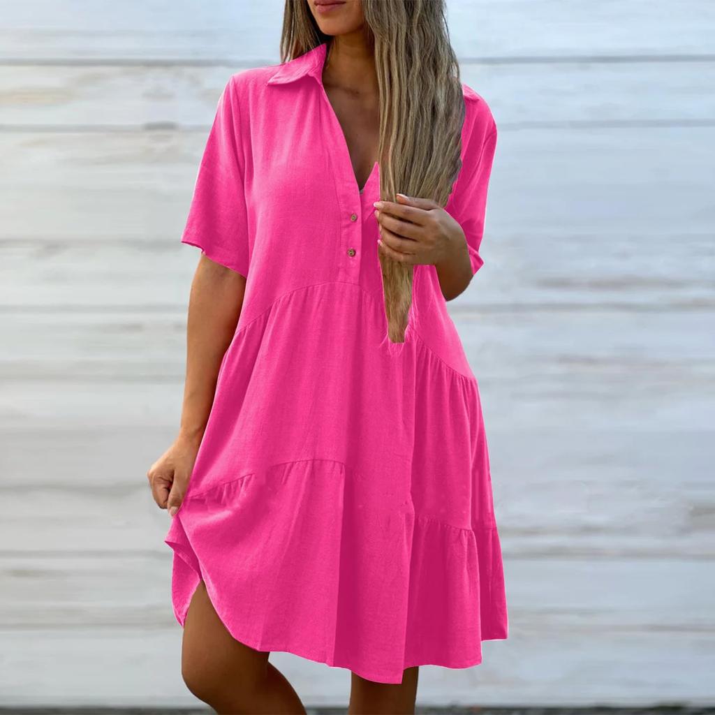 Летнее свободное сплошное цветное повседневное хлопковое льняное платье с короткими рукавами