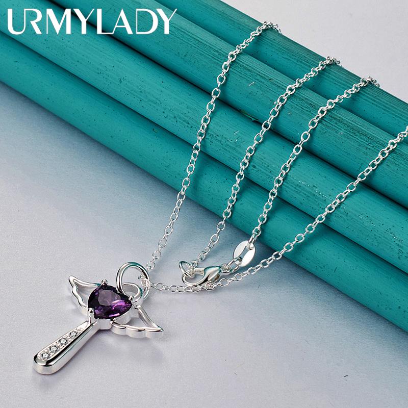 URMYLADY Стерлингового Серебра 925 Фиолетовый AAAAA Циркон Ангел Крест Подвеска Ожерелье для Женщин Свадебная Вечеринка Очаровательные Ювелирные Изделия
