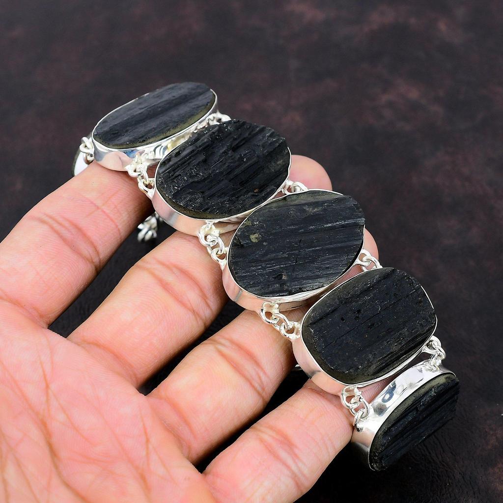 Браслет из черного турмалина, браслет из натурального драгоценного камня, браслет из стерлингового серебра 925 пробы, регулируемый браслет-цепочка, ювелирные изделия ручной работы для подарка