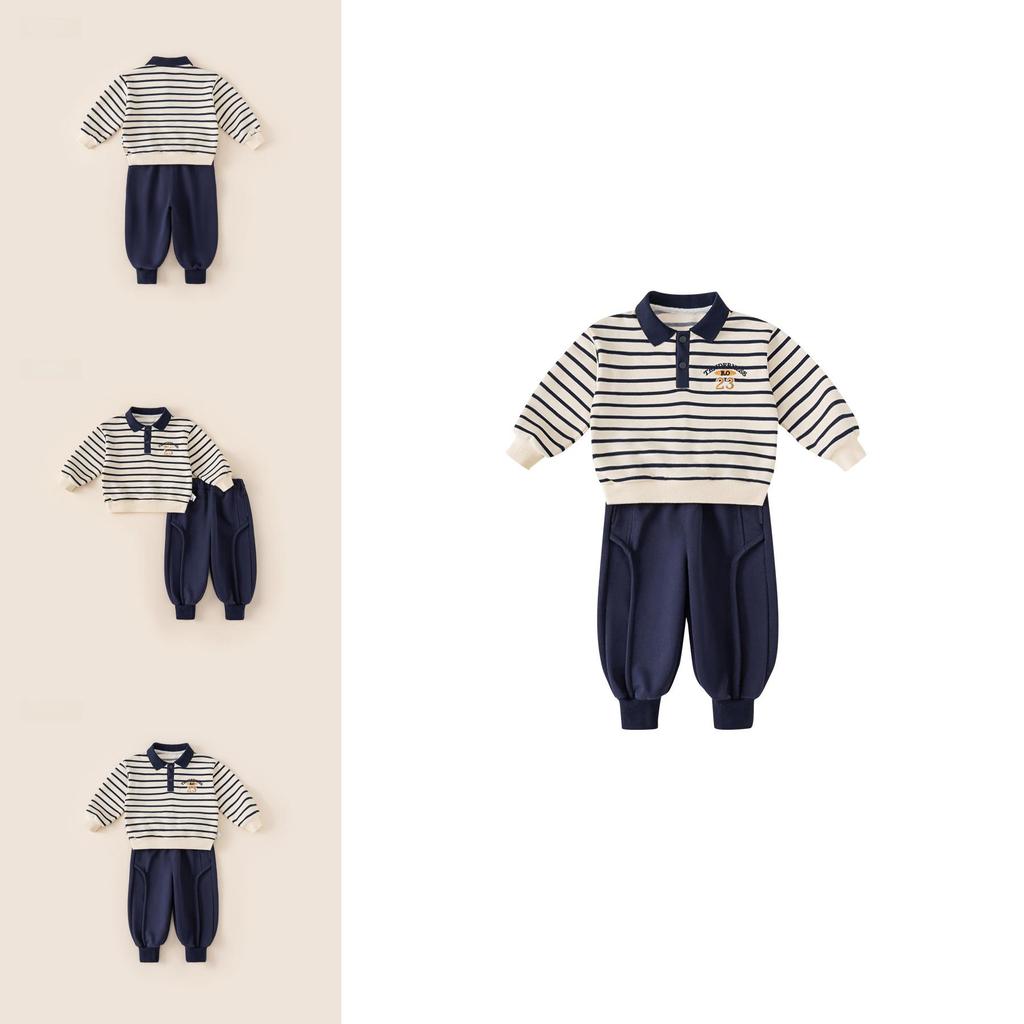 Boys Striped Cotton Kids Sweater Pants Set With Letter Cartoon Prints For Autumn Playtime