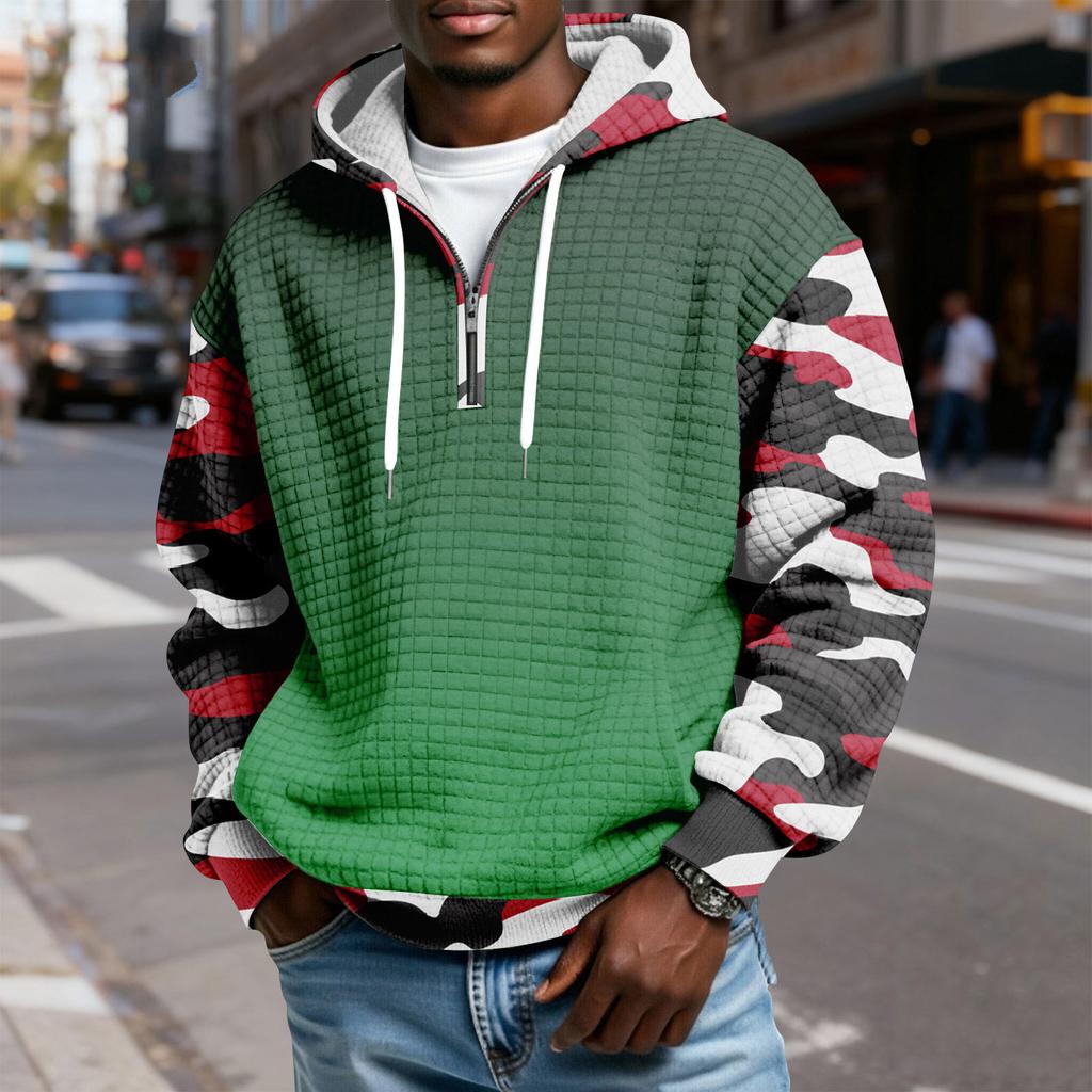 Мужской худи-пуловер в клетку с капюшоном на молнии до середины, со шнурком и принтом, повседневная спортивная толстовка