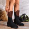 Leather Wide Calf Boots for Women Ladies Fashion Retro Color Blocking Leather Side Zippered Thick Heeled Mid Length Boots
