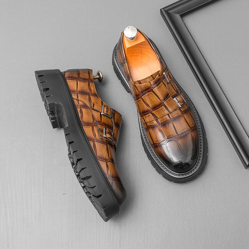 Ретро Мужские Лоферы, Увеличивающие Рост, Черно-коричневые, Повседневные, На Толстой Подошве, Нескользящие, Модные, На Пуговицах, Кожаные Туфли, Социальная Обувь, Мужские