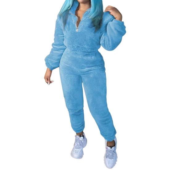 2 шт./компл. Женский костюм топ и брюки однотонный с длинными рукавами воротник-стойка топ эластичная талия толстые плюшевые брюки спорт