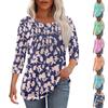 Women's Fashionable Casual Pleated Round Neck Casual Floral Print Seven Quarter Sleeved T-shirt Top
