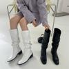 Осень и зима 2025 ретро квадратный носок сапоги-рукава ковбойские сапоги рыцарские сапоги женские иностранные газ высокие голенища плиссированные сапоги до колена толстый каблук