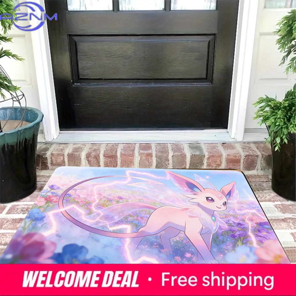 Espeon with Magical Lightning and Flowers Print Non-slip Doormat, Soft Absorbent Floor Rug for Home Decor