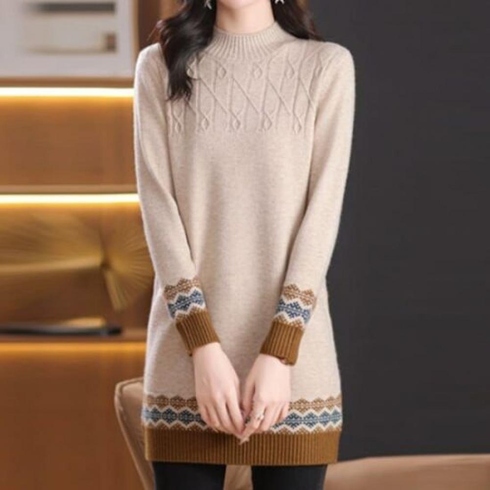 Navava Women Retro Pattern Loose Fit Mock Neck Knit Top Nk2771