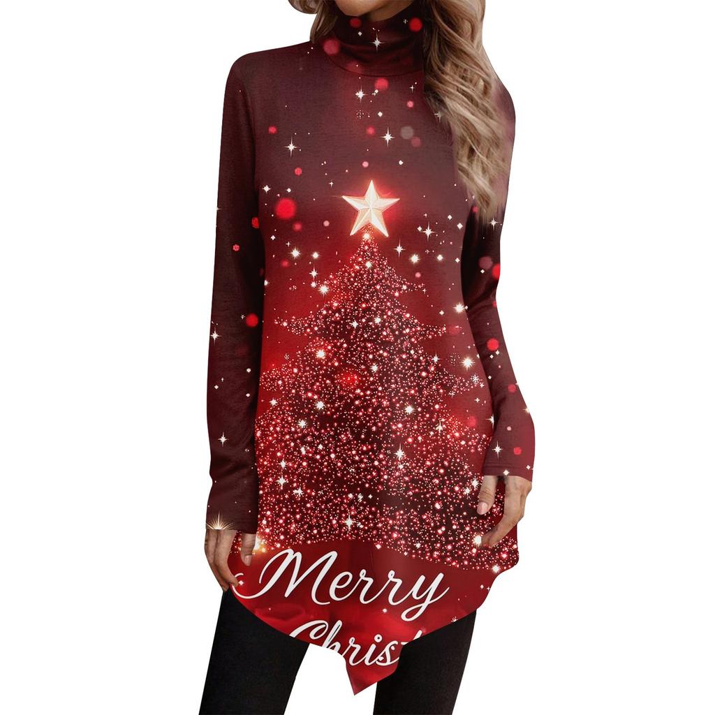 Casual Fashion Christmas Print Shirt Tops High Neck Irregular Hem Long Sleeve Pullover Tops