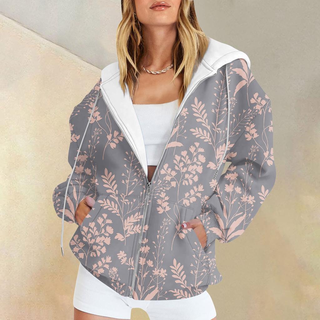 Женская мода повседневная спортивная одежда с цветочным принтом на осень и зиму с длинными рукавами и карманами, куртка-кардиган с капюшоном на молнии, куртка