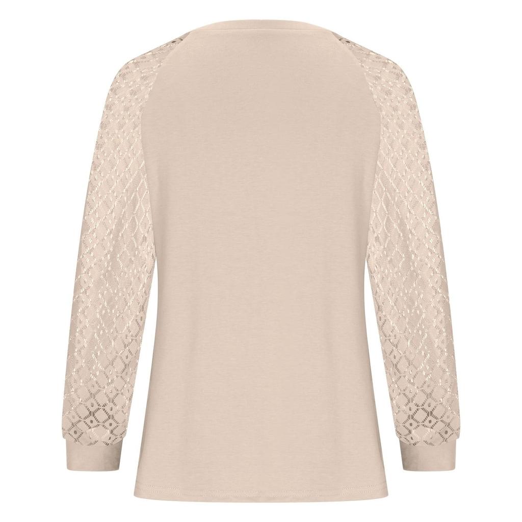 Женские модные топы с длинным рукавом, кружевные футболки с оборками, однотонные блузки с круглым вырезом, повседневные топы