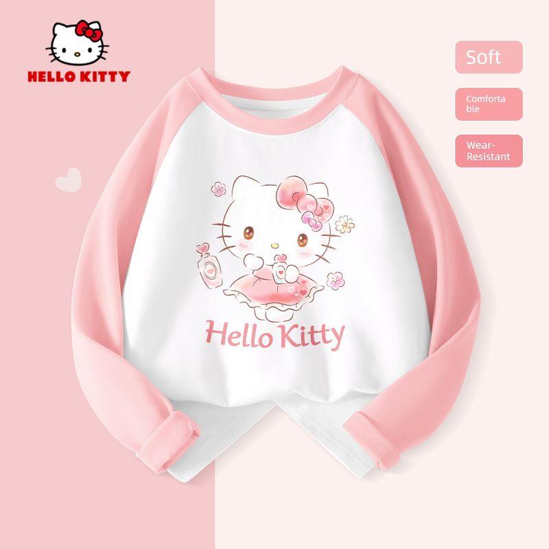 Однотонная базовая футболка для девочек Hello Kitty, Новинка Осени 2024, Лонгслив для девочек постарше, Детское нижнее белье