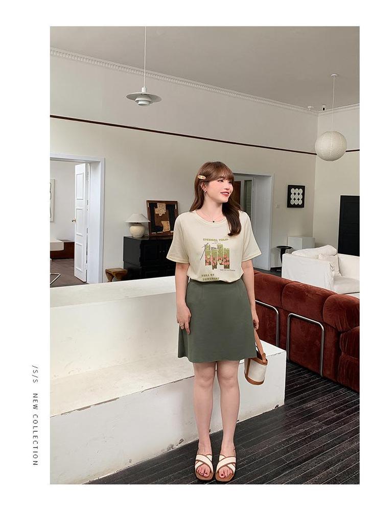 Plus Size Tulip Print Short Sleeve Loose Round Neck T-shirt for Women