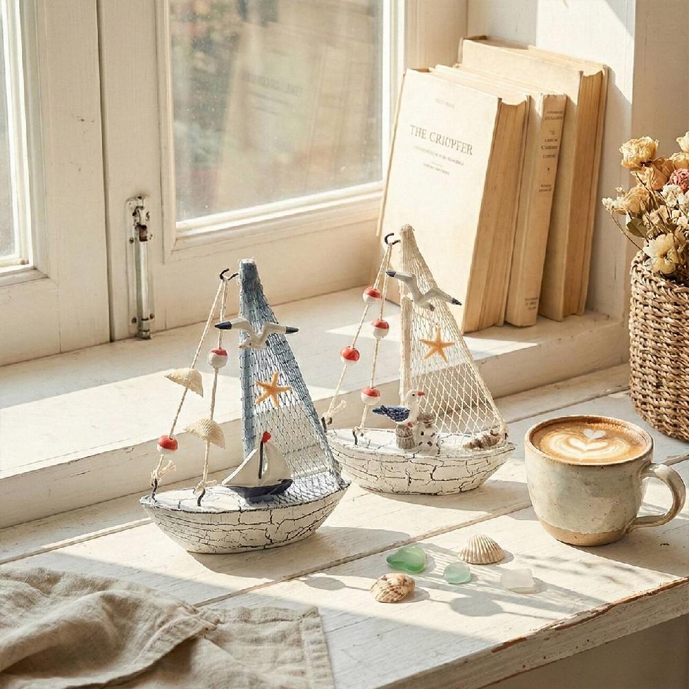 Mediterranean Wooden Sailboat Ornament Handcrafted Coastal Nautical Shelf Decor With Starfish Seagull Fishing Net Sails 2 Styles