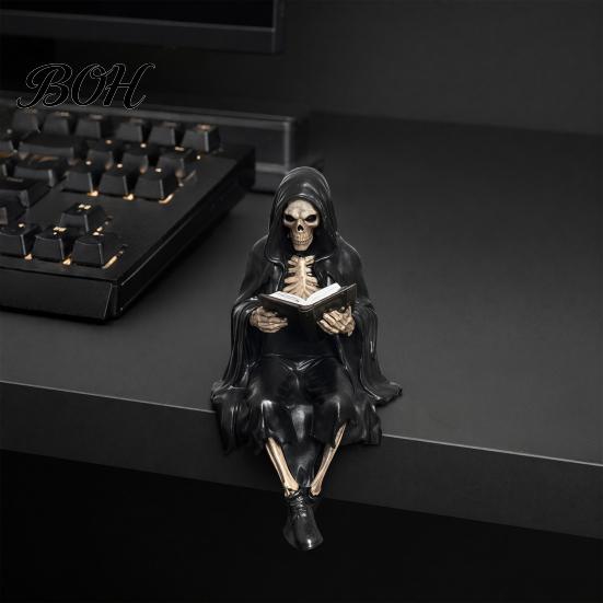 Skeleton Desktop Decor Halloween Reading Book Figurine, Spooky Devil Resin Sculpture, Gothic Winged Sculpture Black Robe Grim Reaper Statue