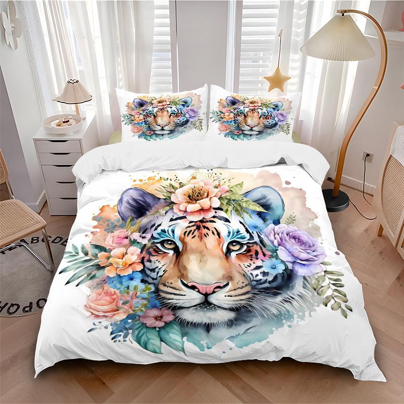 3pcs Domineering Tiger Quilt Set Cartoon Themed Bed Quilt Set Lovely Character Bedroom Decor Bed Quilt Set Four Seasons (1 Cover + 2Pillowcase NO