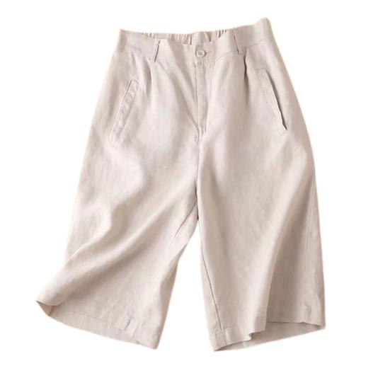 Women Cotton Linen Suit Shorts Elastic Waistband Women Shorts High Waist Straight Wide Leg A Line Work Shorts Casual Short Pants
