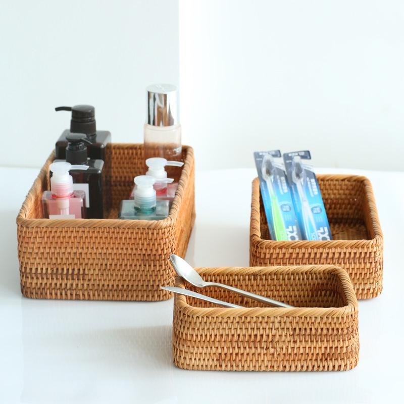Прямоугольные корзины для хранения из ротанга, штабелируемые плетеные коробки, органайзер для закусок, держатель для кухонных шкафов, полка