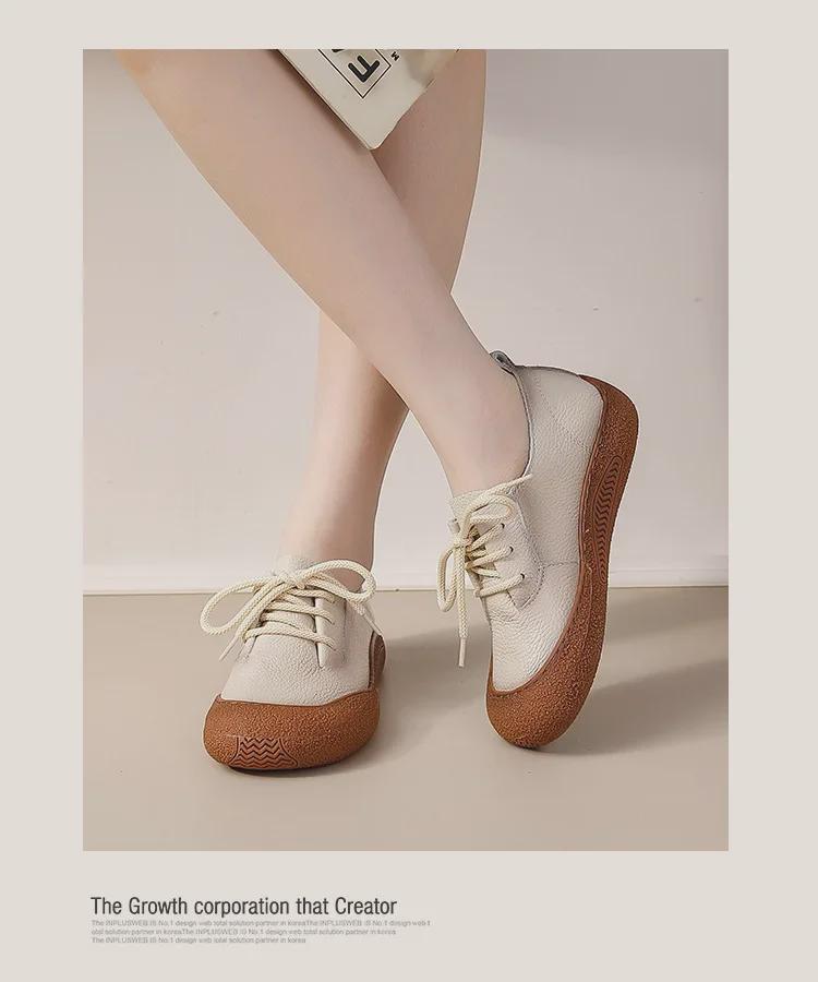 Женские кожаные туфли на шнуровке в стиле ретро — с круглым носком, мягкой подошвой, удобные повседневные туфли на плоской подошве для весны и осени