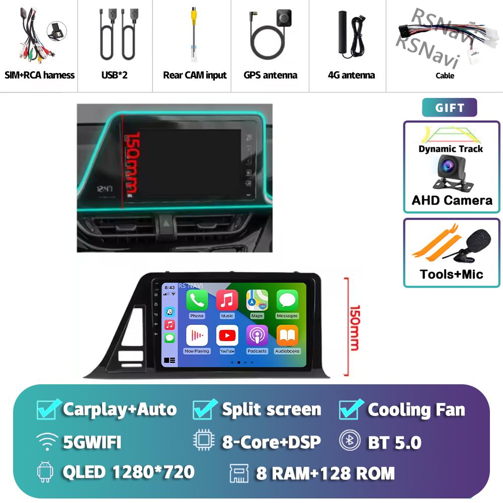 Android 14 Carplay Auto Для Toyota C-HR 2016 - 2020 Автомагнитола Мультимедийная стереосистема Камера 360 Навигация Видео ИИ Голосовое управление GPS