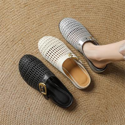 Модные новые летние тапочки, летняя обувь, сандалии с круглым носком и низким каблуком для женщин, модные ажурные тапочки из спилковой кожи, женская обувь