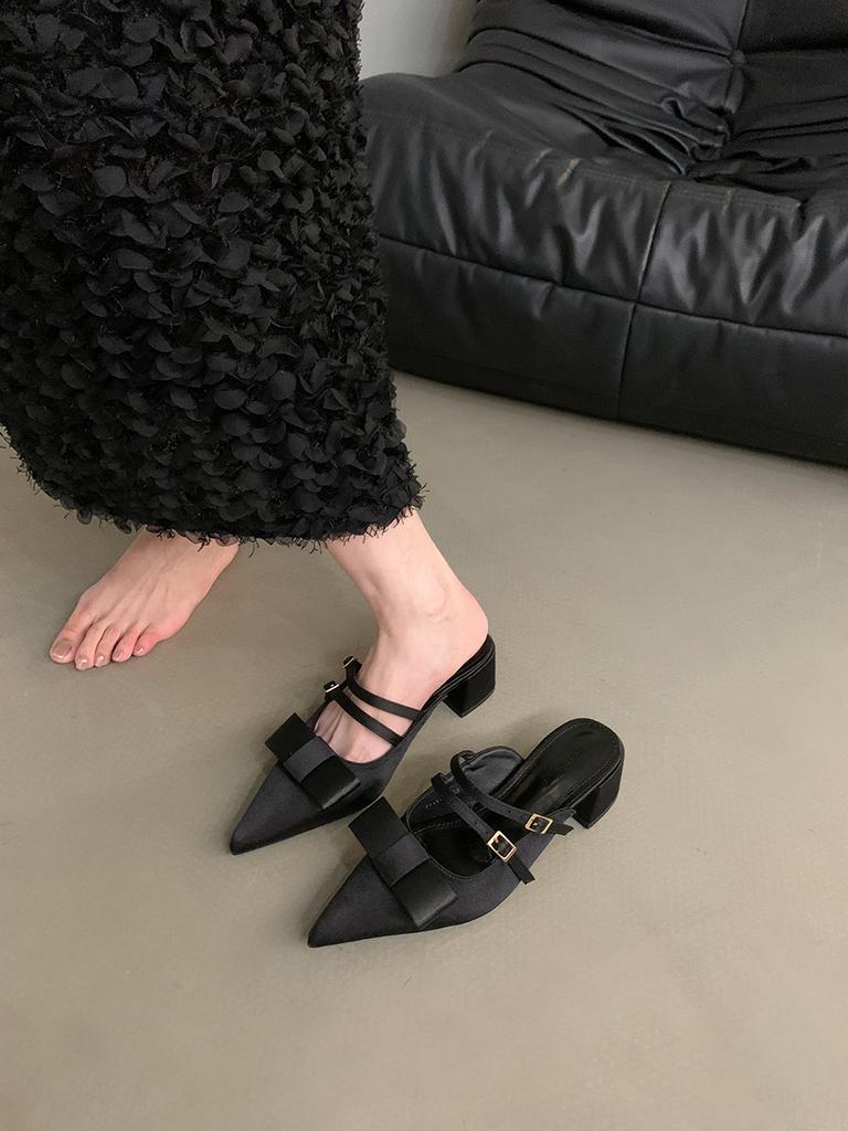 Туфли-полусапожки на грубом каблуке с французским бантом, женская обувь, носить 2025, новые летние остроносые сандалии Мэри Джейн