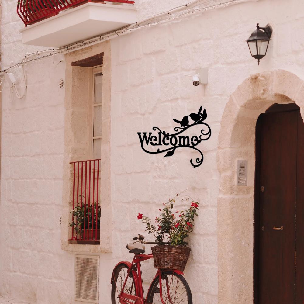 1 шт. Добро пожаловать, металлическая настенная живопись, птицы на ветке, декор, настенный силуэт, скульптура, орнамент, железный знак для украшения офиса