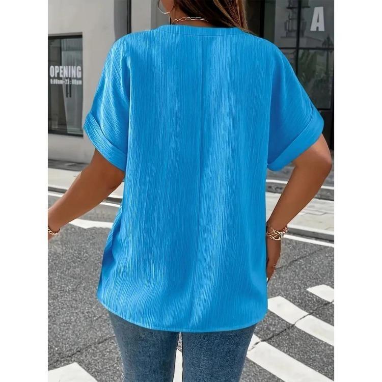 New Four Season Fashion Button Down Short Sleeve T Shirt Elegant Solid Color Casual Womens Plus Size