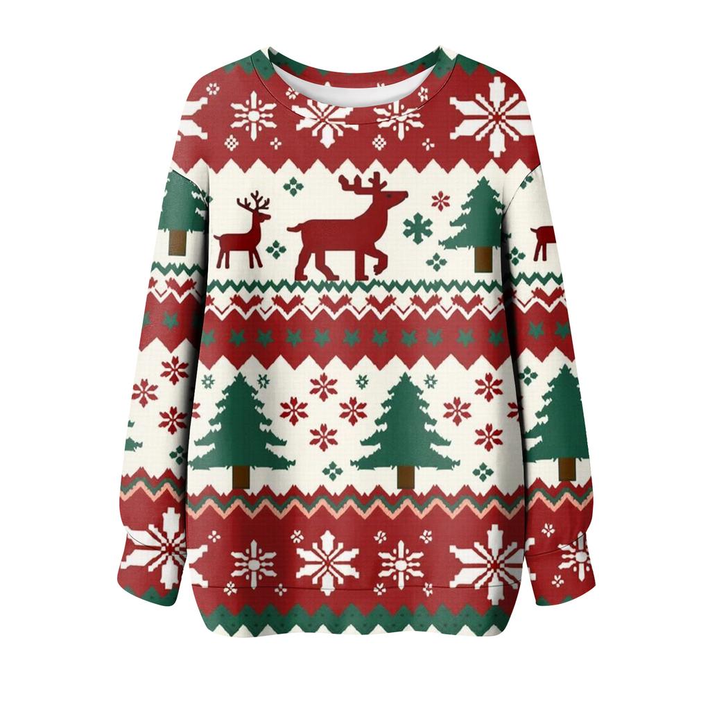 Ladies' Christmas Printed Round Neck Long Sleeved T-shirt Sweatshirt Top