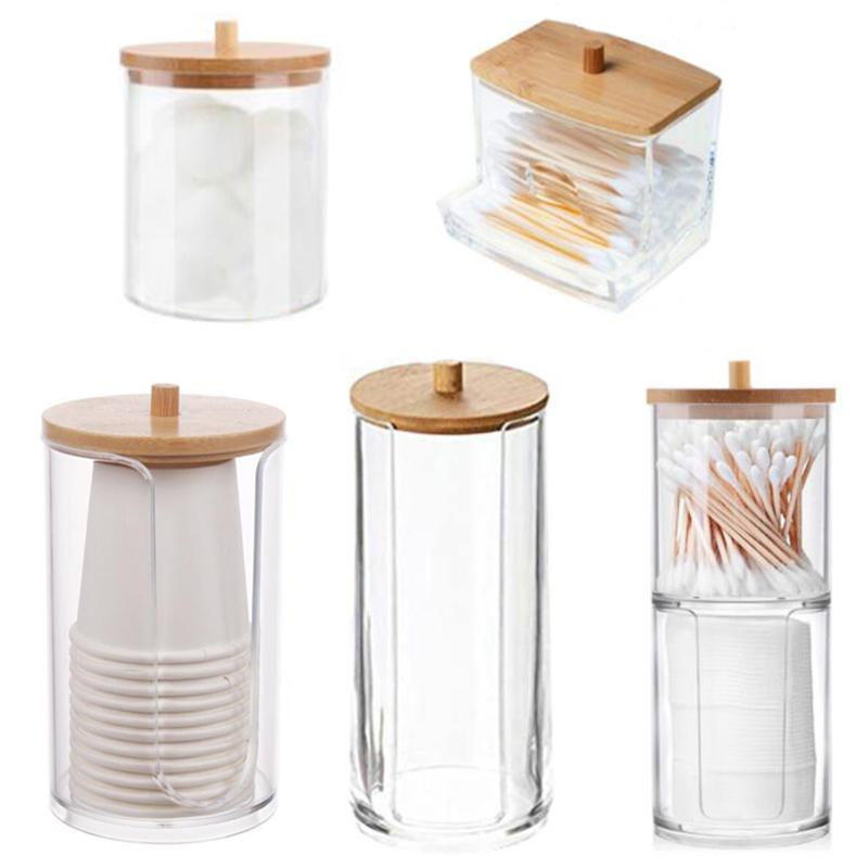 1PC Acrylic Storage Box Bathroom Jar Makeup Organizer Cotton Round Pad Holder Cotton Swab Box Qtip Holder Dispenser with Bamboo Lid