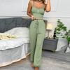 2 Pcs/Set Pants Top Suit Low-cut V Neck Sleeveless Solid Color Shirring Drawstring High Elastic Waist Lace Women Summer Pajamas Set Homewear Tank Top