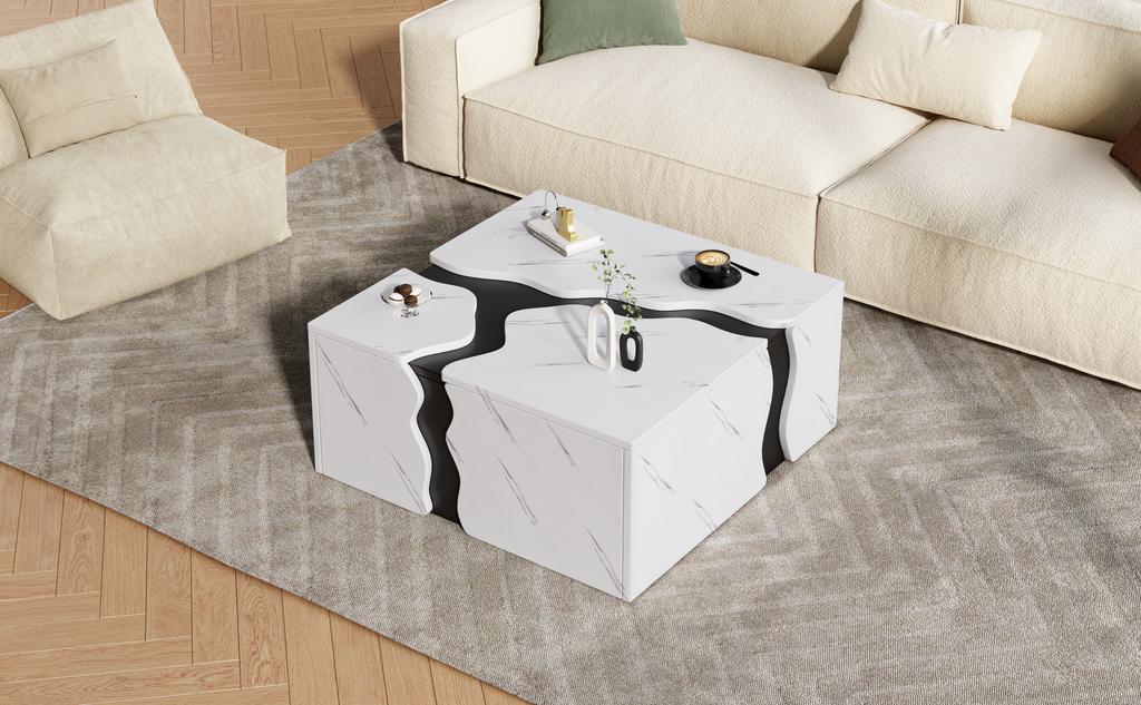 Living Room Coffee Table, 70 x 70 x 31 cm, Cube-Shaped Geometric Design, Side Table with Drawer, Table with Marble Veneer in Unique Shape