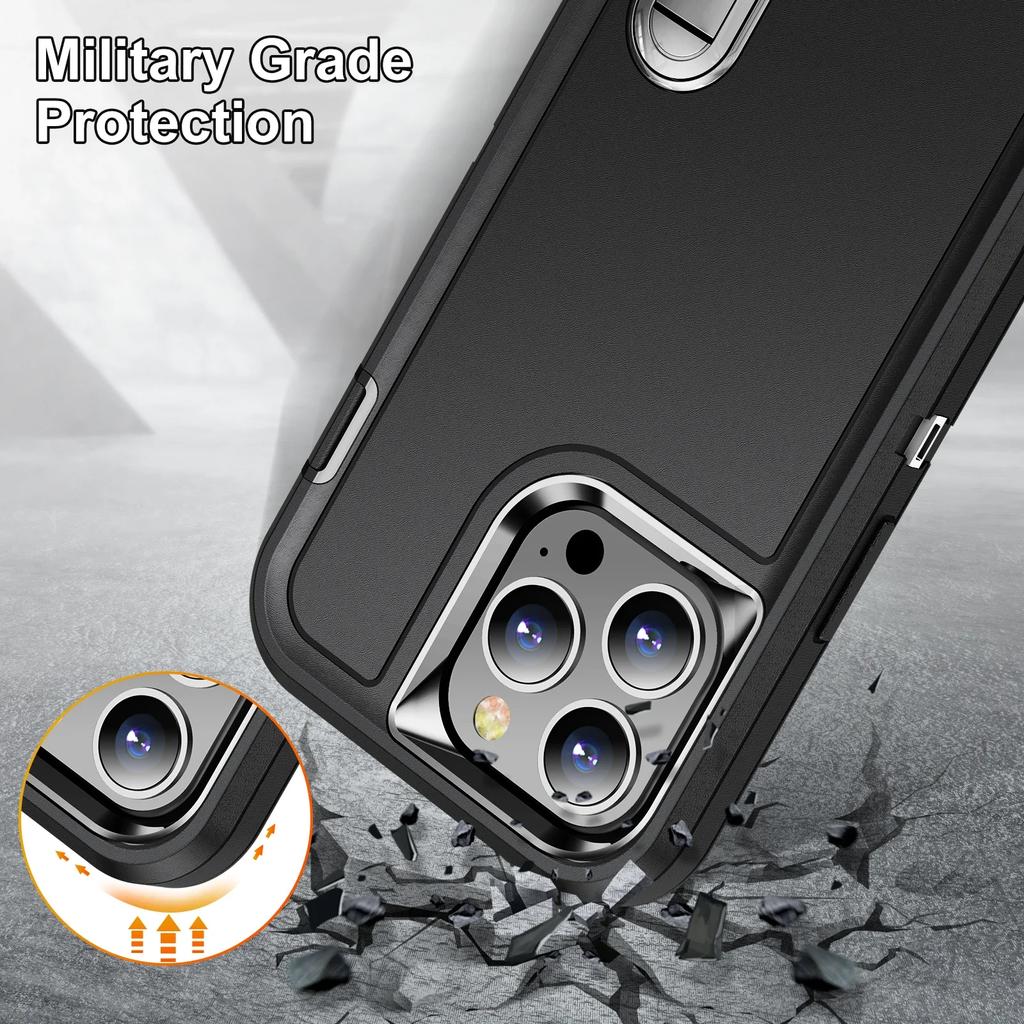 3 In 1 Defend Heavy Armor Holder Shockproof Case for IPhone 16 Pro Max 15 13 14 11 12 Bracket Stand Military Rugged Protective Kickstand Cover