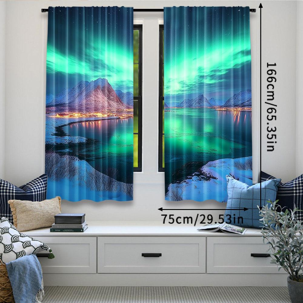 2Pcs Aurora Night Sky Curtain Snow Capped Mountains Lake Scenery Starry Sky With Polar Lights Norway Winter Landscape Home Decor