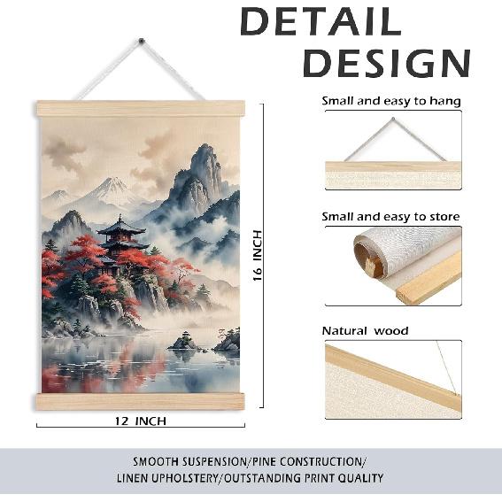 RYVJU Traditional Japanese Temple Wall Art Poster Hanger Frame, Japanese Room Decor, Asian Spiritual Nature Landscape Wall Decor Canvas Prints for