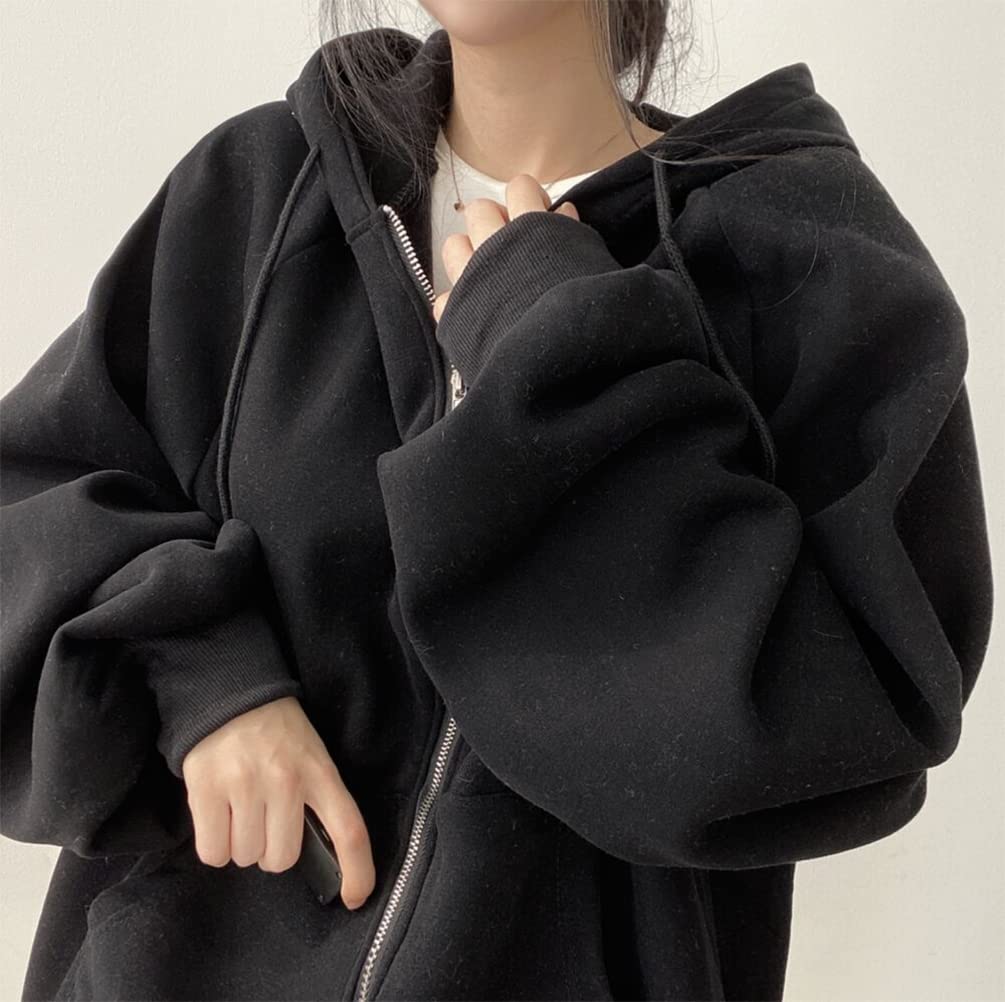 Толстовка с флисом Свободный крой Харадзюку Топ с длинным рукавом на осень и зиму QYY-1 Женская на молнии Подкладка, Плотная, Теплая, Стильная, Повседневная, По фигуре, Оверсайз,