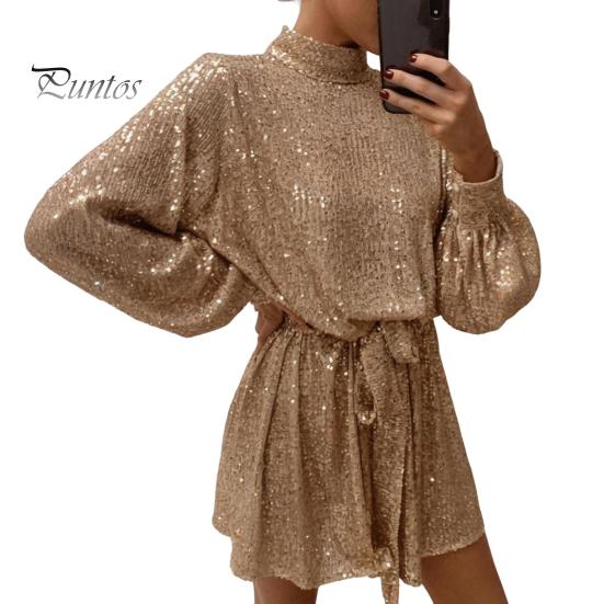 Женское платье со шнуровкой и блестками, короткое платье с круглым вырезом и длинными рукавами, однотонное весенне-осеннее платье с поясом на талии для вечеринок, свадеб, клубов, баров