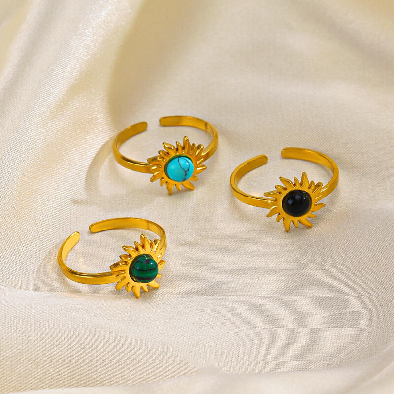 Classic Stainless Steel Sun Flowers Inlay Stone Rings for Women Men Vintage No Fading Opening Rings Banquet Jewelry Accessories