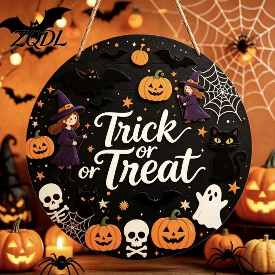 Wall Hanging Props for Halloween Wooden Trick or Treat Door Hanger, Pumpkin Ghost Bat Spider Web Welcome Classic Signs Sign with Jute Rope, Farmhouse