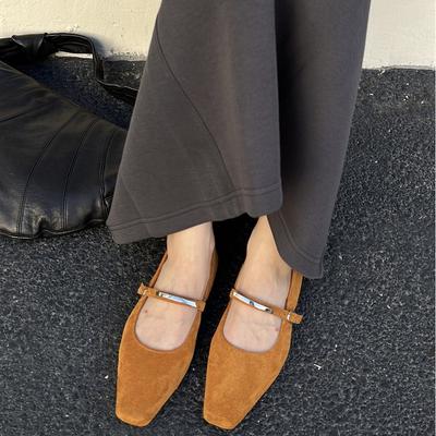 DUXI Французские туфли Мэри Джейн на плоской подошве с квадратным носком женские 2025 новая весна и осень нежные черные замшевые вечерние туфли