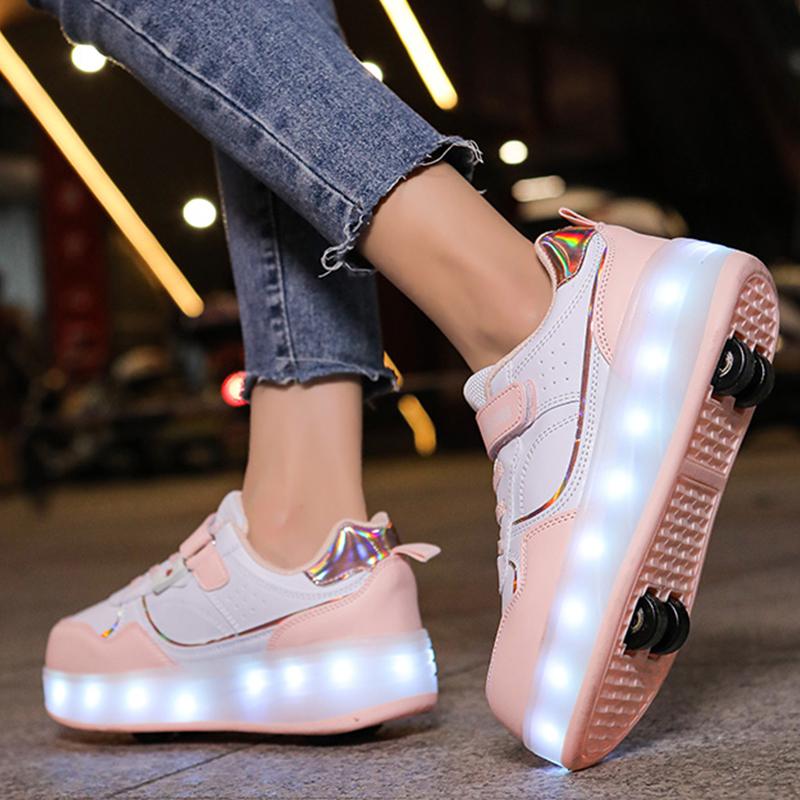 29-38 Детские четырехколесные разборные спортивные туфли на плоской подошве, светодиодные блестящие детские светящиеся кроссовки