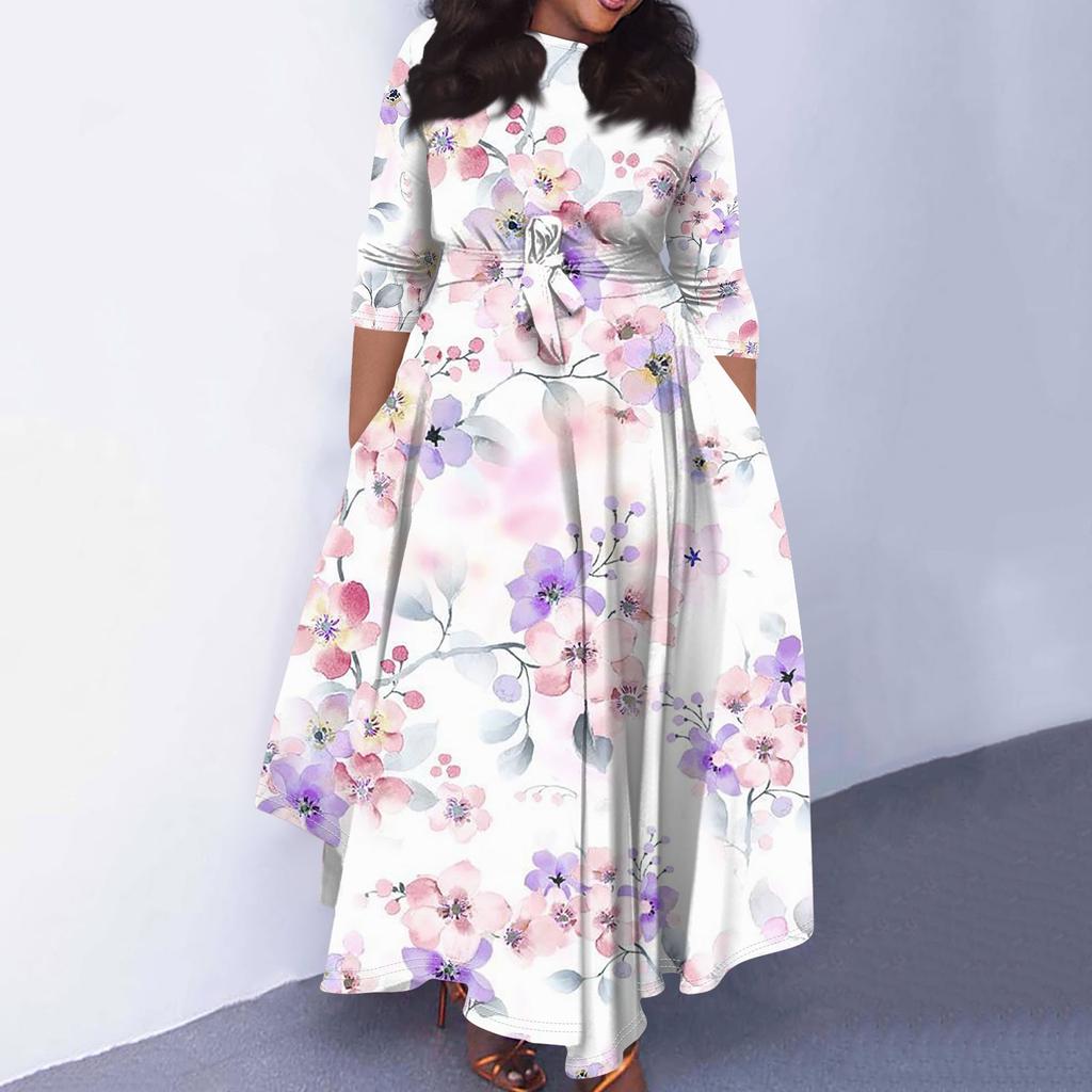 Женское повседневное модное свободное платье большого размера с цветочным принтом и круглым вырезом, рукавами три четверти, карманами и бретелями
