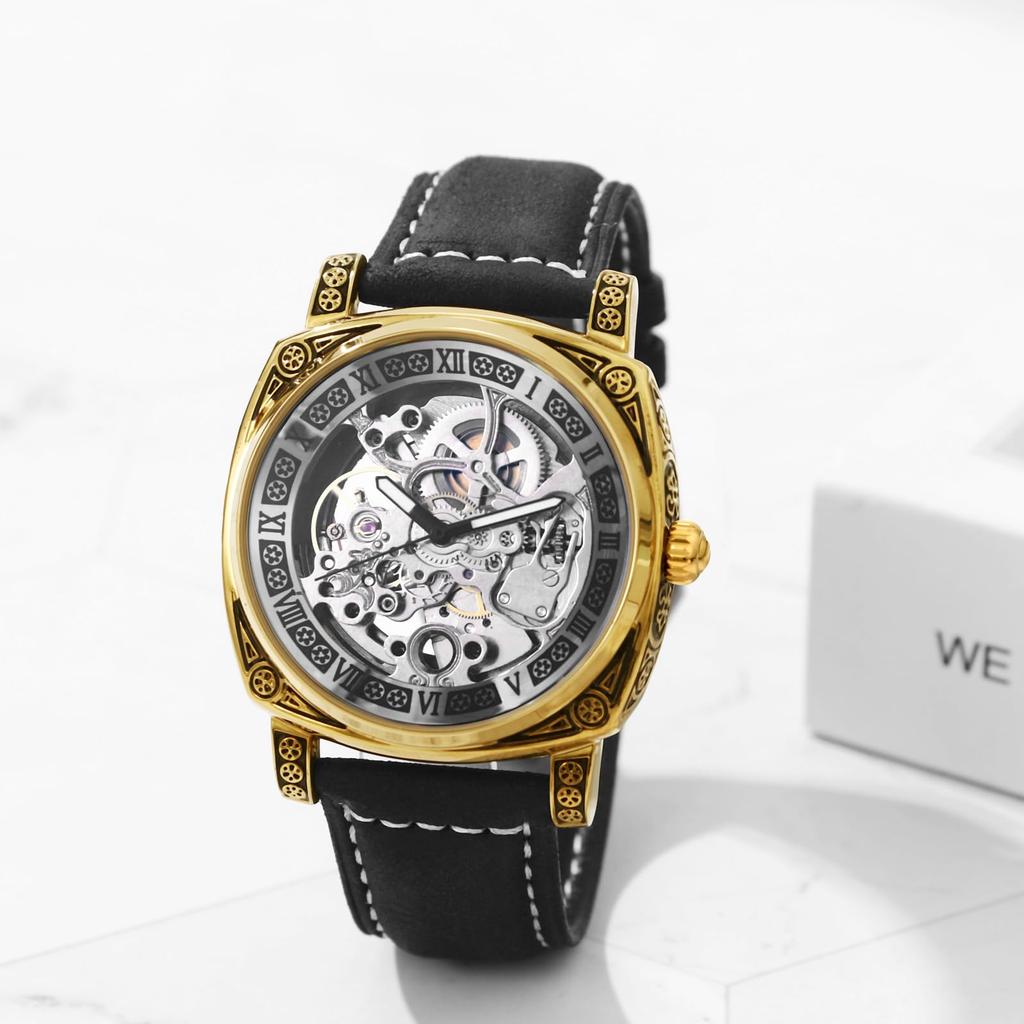 Automatic Skeleton Watch with Genuine Leather Roman Analog 3ATM Water Stylish Accessory for Leisure and Business Perfect Gift for and Day Men's Strap