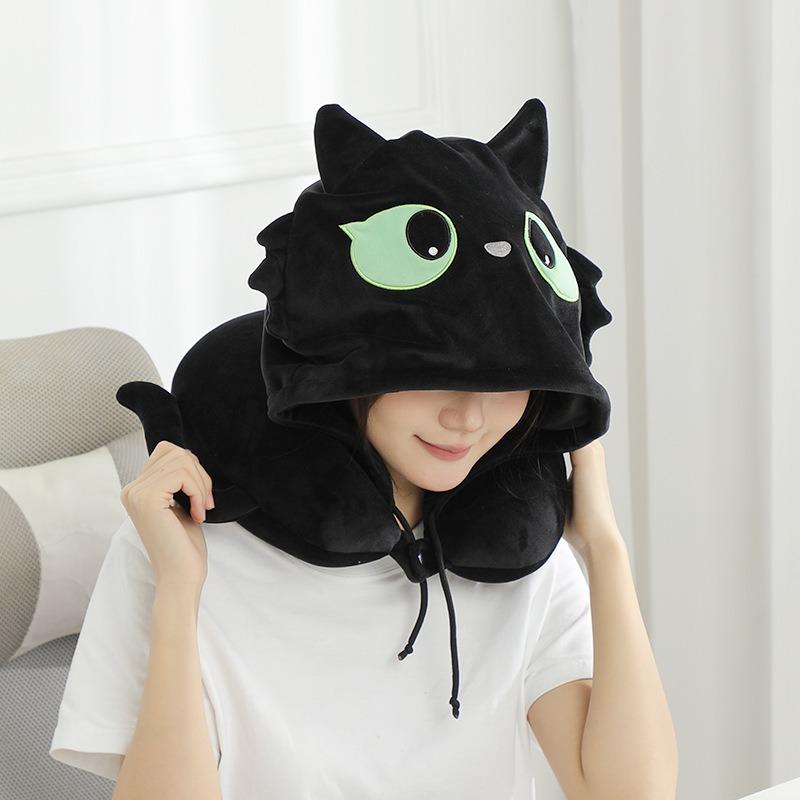 Black Cat Foam Particle U Shaped Pillow Soft Neck Protection for Office Nap Comfortable Cozy Rest Aid Essential