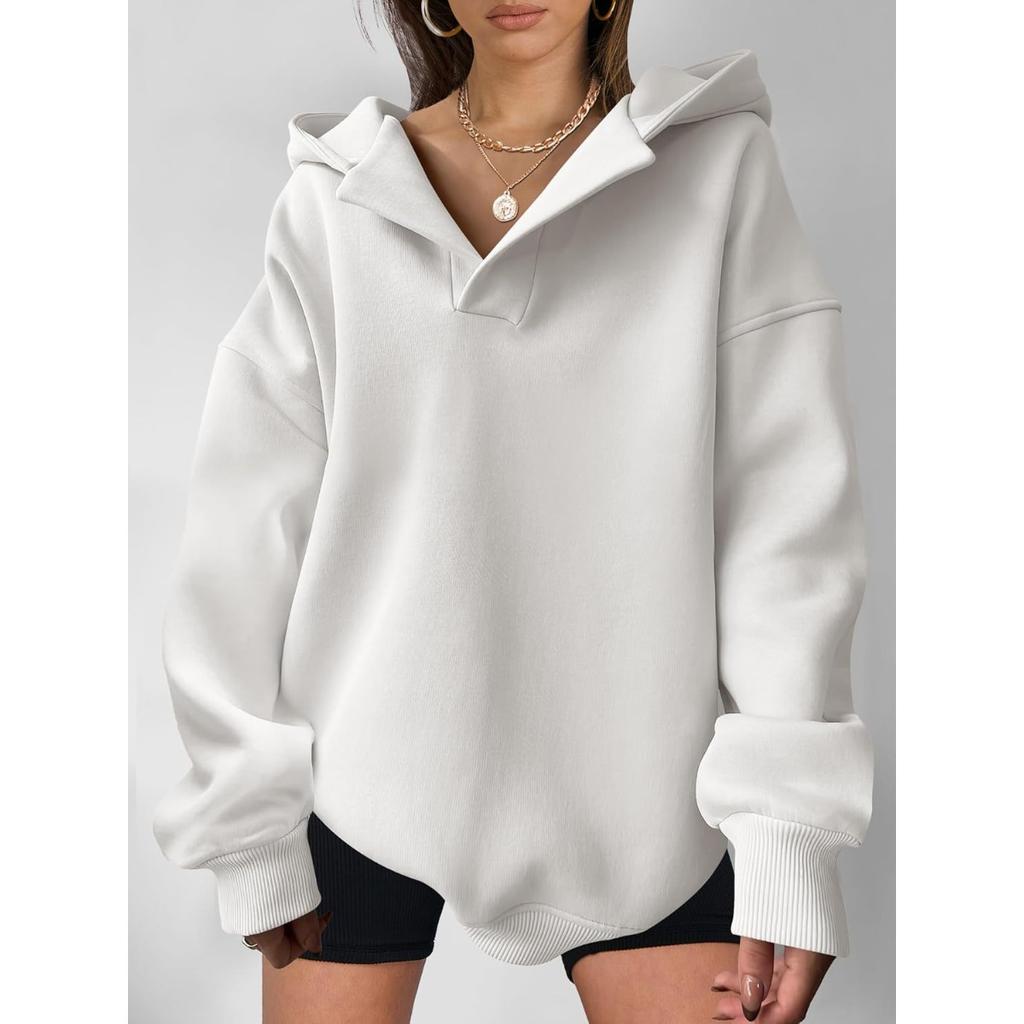 Women's Notch Hood Long Sleeve Sweatshirt Oversized Fit Casual Solid Polyester Pullover Hoodie